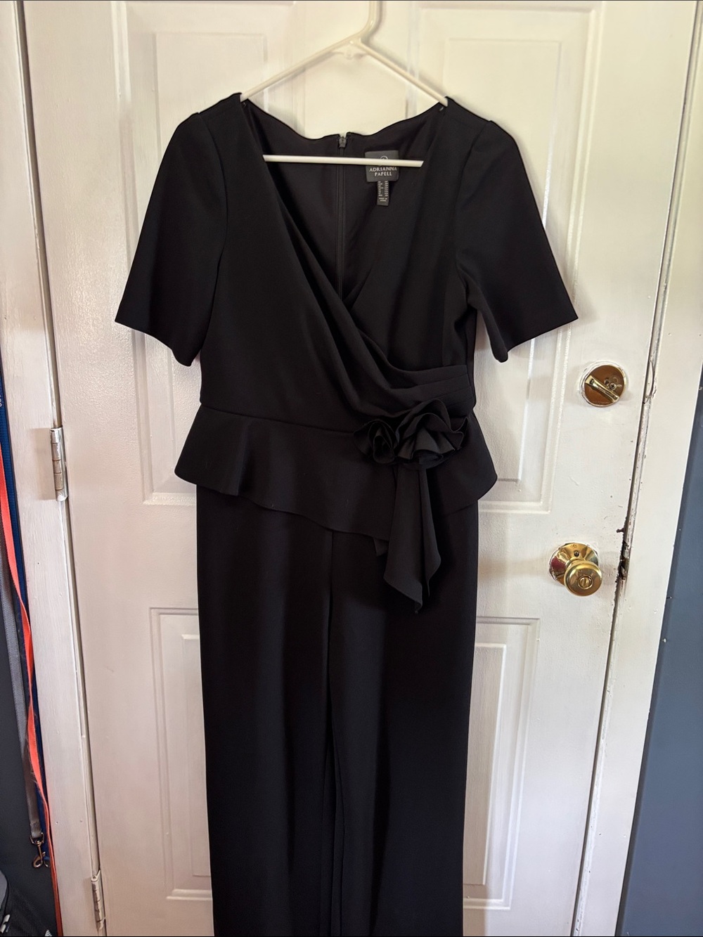 Adrianna Papell Black Peplum Wrap Jumpsuit with Rosette